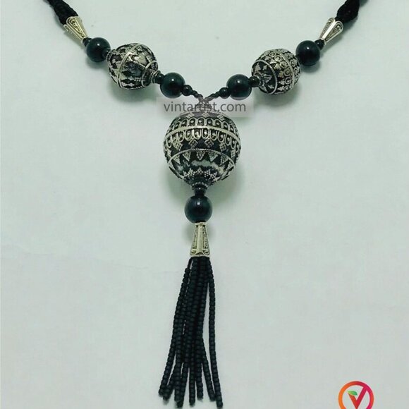 Artisan Black Boho Pendant Necklace | Rustic Boho Black Beaded Necklace - Picture 5 of 11